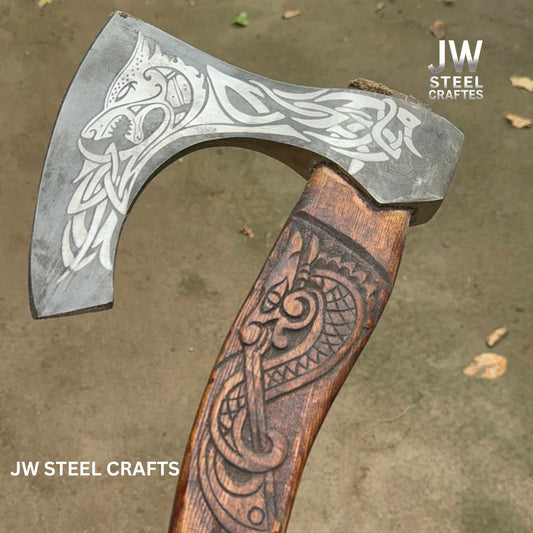 Hand-Engraved Viking Bearded Axe with Carved Hardwood Handle – Damascus Steel Blade | JW SteelCrafts