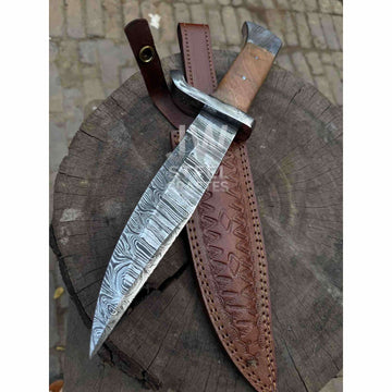 Hand Forged Damascus Steel Frontier Bowie Knife, Clip Point Blade with Coffin Handle and Leather Sheath, JW SteelCrafts