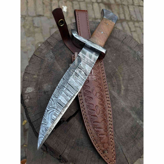 Hand Forged Damascus Steel Frontier Bowie Knife, Clip Point Blade with Coffin Handle and Leather Sheath, JW SteelCrafts