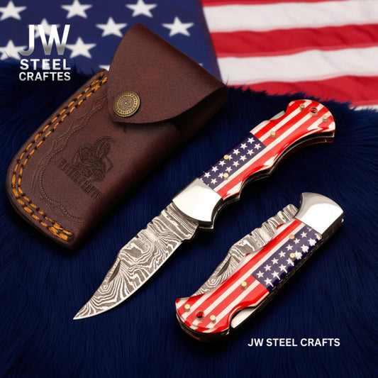 Handmade Damascus Folding Knife – Ram Horn or American Flag Handle