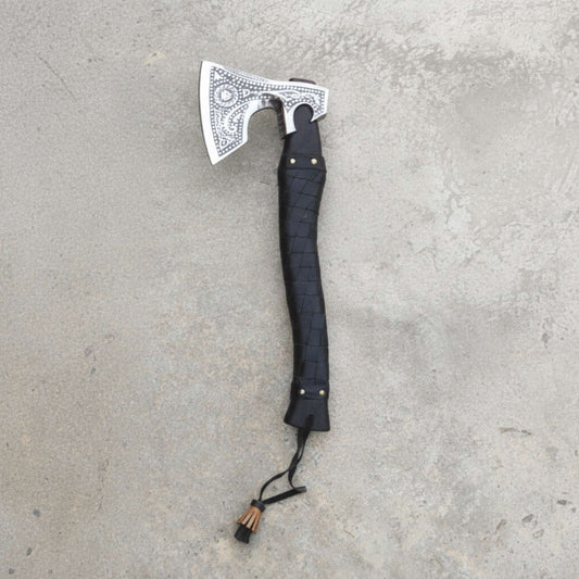 Handmade Viking Axe – High Carbon Steel Blade, Carved Wooden Handle, Leather Sheath – Custom Engraving Available