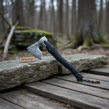 Handmade Viking Axe – High Carbon Steel Blade, Carved Wooden Handle, Leather Sheath – Custom Engraving Available