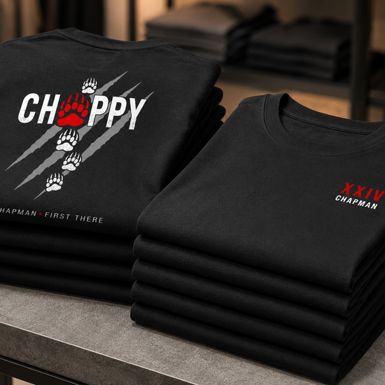 folded black Chappy Combat Controller shirts stacked mockup