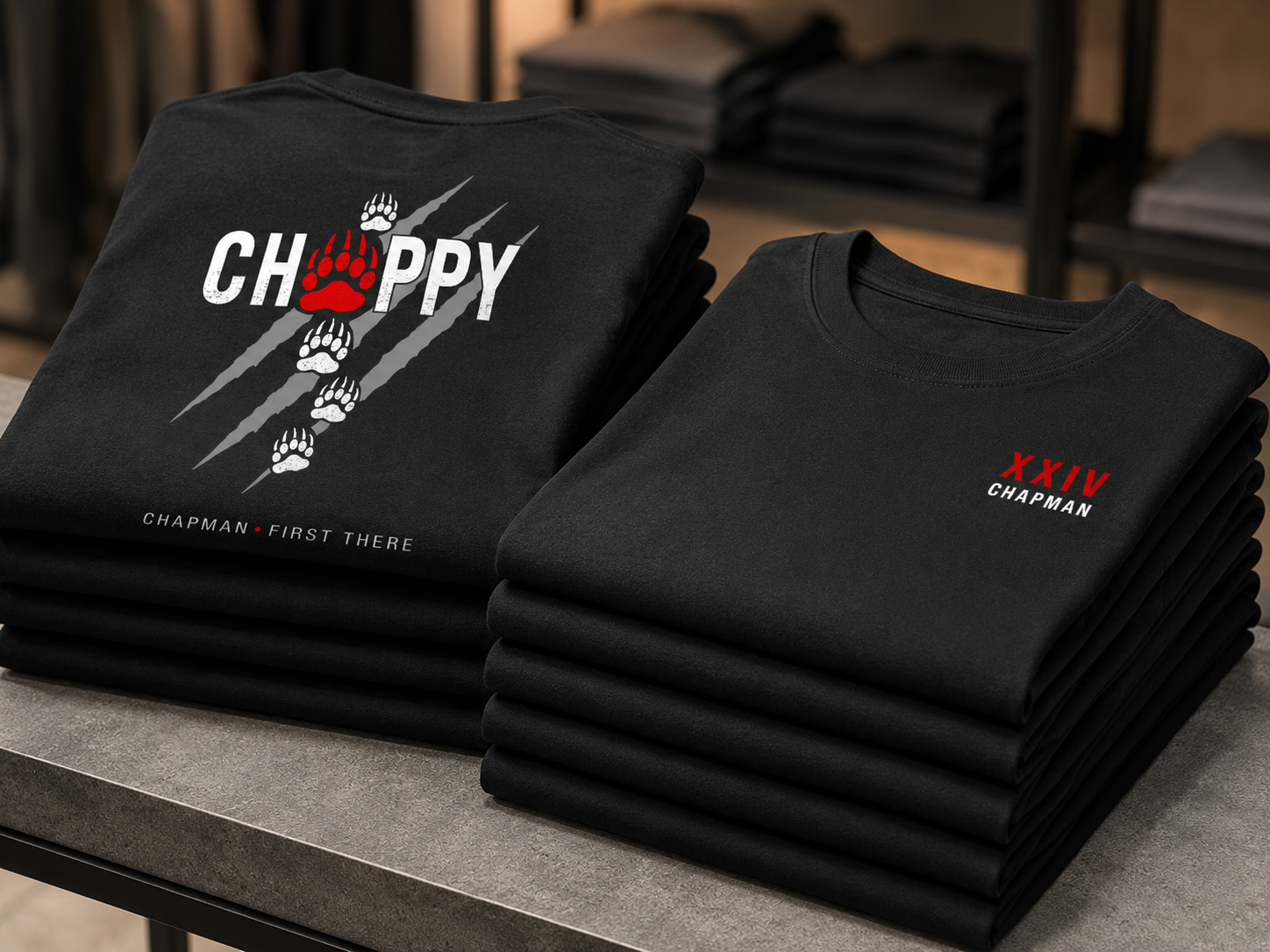 folded black Chappy Combat Controller shirts stacked mockup