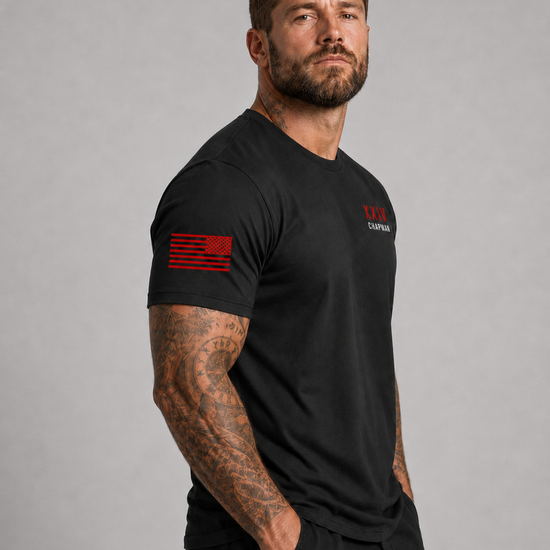 Male model side view wearing black Chappy Combat Controller shirt