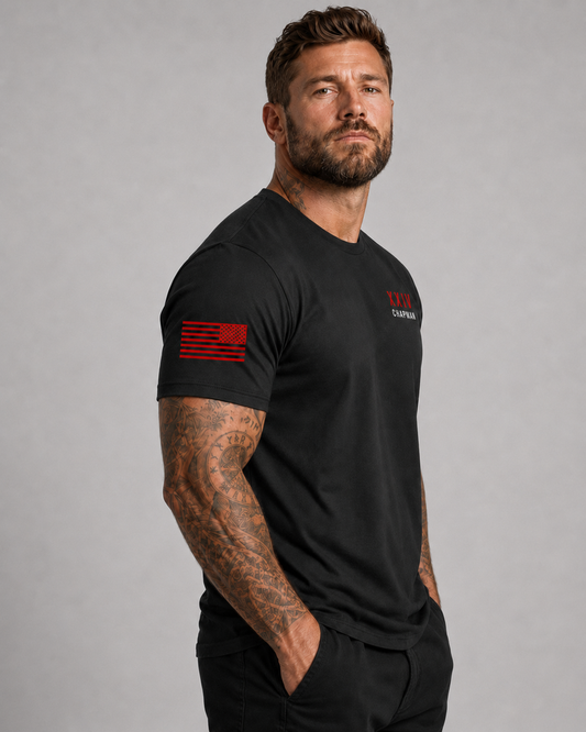 Male model side view wearing black Chappy Combat Controller shirt