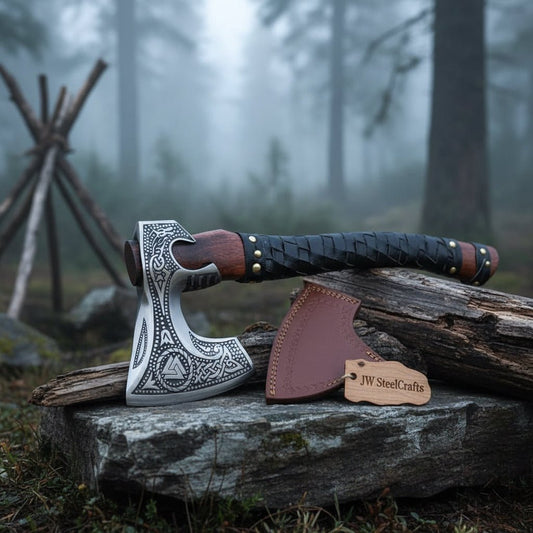 Norse Engraved Camp Hatchet with Leather Wrapped Handle and Belt Sheath | JW SteelCrafts