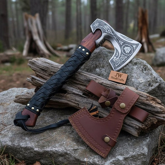 Norse Engraved Camp Hatchet with Leather Wrapped Handle and Belt Sheath | JW SteelCrafts